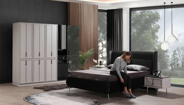 Mobili per camera da letto moderni in bianco e nero Letto imbottito Comodini 4 pezzi