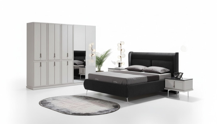 Mobili per camera da letto moderni in bianco e nero Letto imbottito Comodini 4 pezzi