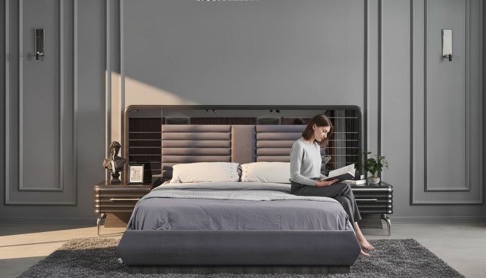 Gruppo camera da letto grigio letto matrimoniale 2x comodini con cassetti