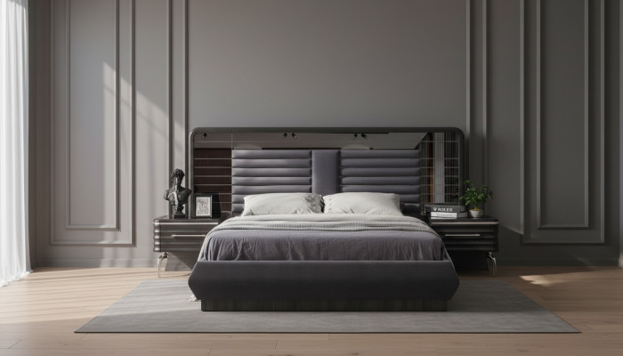 Gruppo camera da letto grigio letto matrimoniale 2x comodini con cassetti