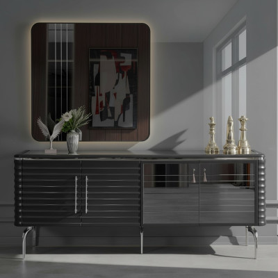 Elegante set da pranzo di lusso, credenza nera con specchio, mobili in legno.