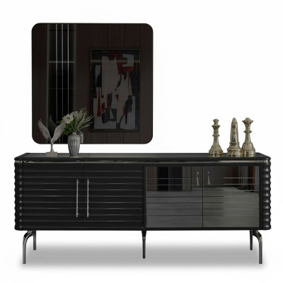 Elegante set da pranzo di lusso, credenza nera con specchio, mobili in legno.