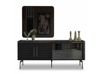 Elegante set da pranzo di lusso, credenza nera con specchio, mobili in legno.