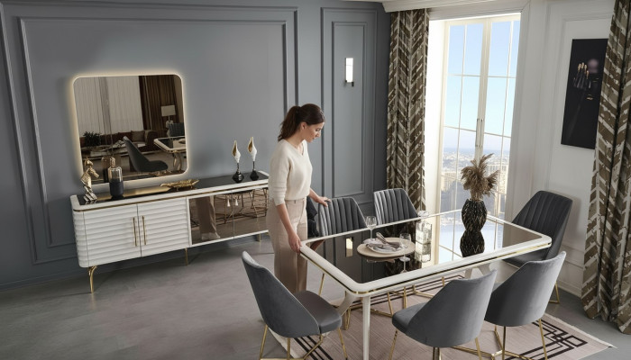 Set da pranzo grigio-bianco tavolo in legno 6 sedie in tessuto credenza 9 pezzi