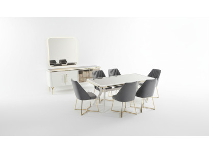 Set da pranzo grigio-bianco tavolo in legno 6 sedie in tessuto credenza 9 pezzi