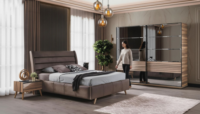 Mobili moderni per camera da letto Letto imbottito in legno Comodini Armadio