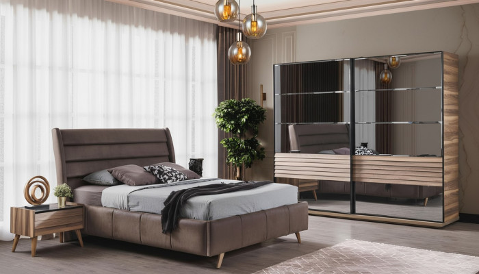 Mobili moderni per camera da letto Letto imbottito in legno Comodini Armadio