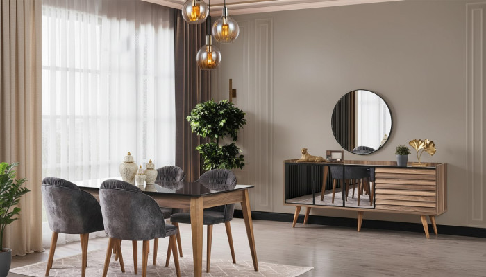 Set da pranzo completo marrone con tavolo da pranzo, 4 sedie e credenza 7 pezzi