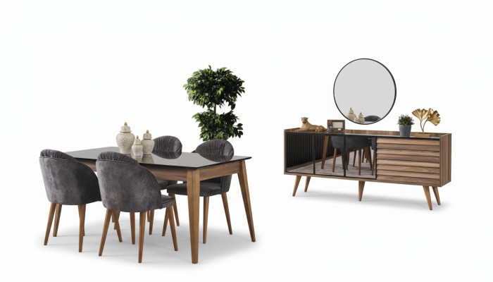 Set da pranzo completo marrone con tavolo da pranzo, 4 sedie e credenza 7 pezzi