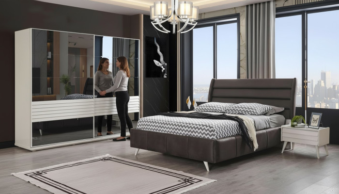 Camera da letto Mobili Armadio in vetro Letto matrimoniale di design Legno Comodini 4 pezzi