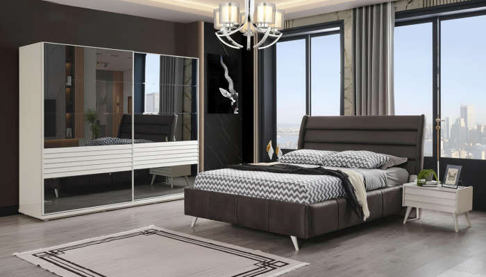 Camera da letto Mobili Armadio in vetro Letto matrimoniale di design Legno Comodini 4 pezzi