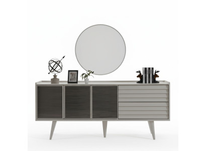 Mobile portaoggetti bianco Lussuoso specchio circolare Mobili in legno di design Set di 2 pezzi Nuovo