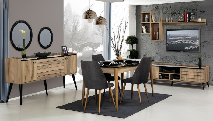 Set da pranzo marrone-nero: tavolo da pranzo, 4 sedie, credenza, specchio - 8 pezzi.