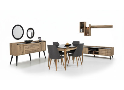 Set da pranzo marrone-nero: tavolo da pranzo, 4 sedie, credenza, specchio - 8 pezzi.