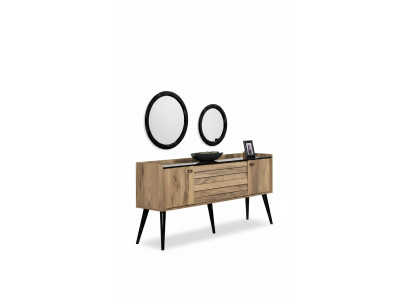 Set di mobili da sala da pranzo design in legno marrone chiaro, credenza in vetro e specchio.