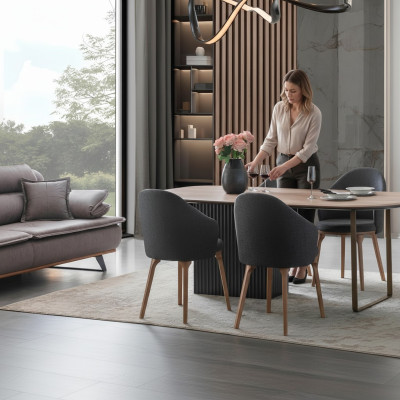 Set da pranzo design, sedie moderne marroni in legno, tavolo da pranzo, set da 5 pezzi.
