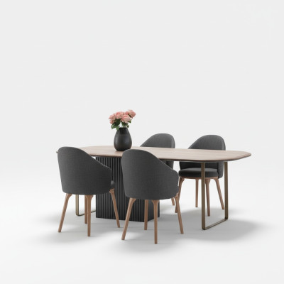 Set da pranzo design, sedie moderne marroni in legno, tavolo da pranzo, set da 5 pezzi.