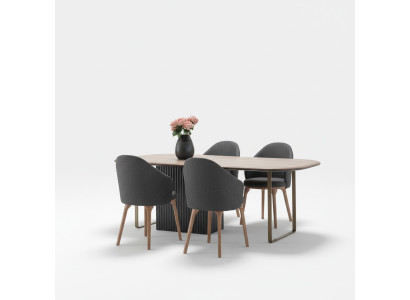 Set da pranzo design, sedie moderne marroni in legno, tavolo da pranzo, set da 5 pezzi.
