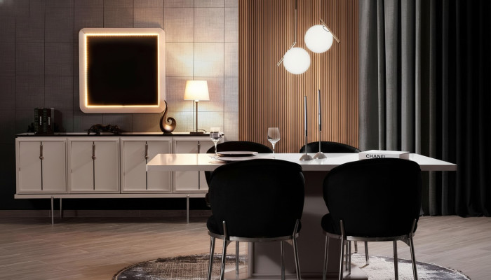 Set da pranzo moderno con tavolo da pranzo, 4 sedie imbottite e credenza 7 pezzi.