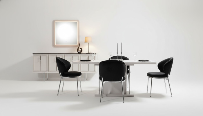 Set da pranzo moderno con tavolo da pranzo, 4 sedie imbottite e credenza 7 pezzi.