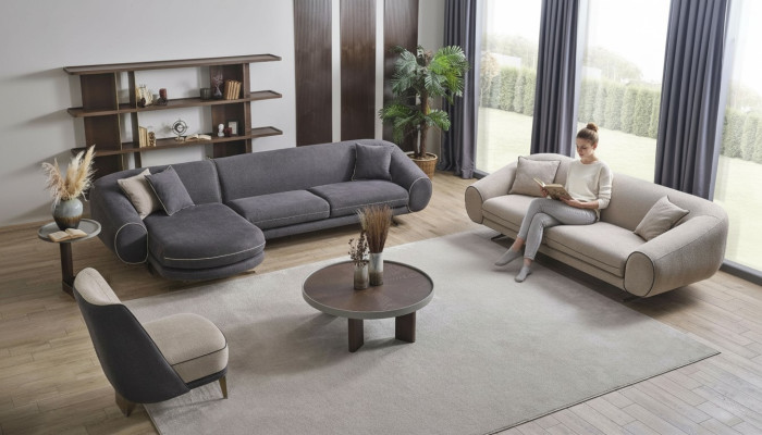 Set da soggiorno di lusso con divano ad angolo a L - 3 posti e 1 poltrona, tavolino e tavolino da salotto