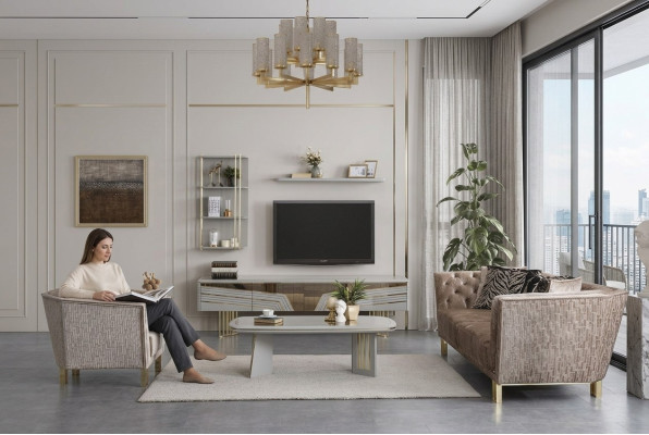 Moderno Set da soggiorno grigio con lusso mobile TV, armadi a parete e mensole.