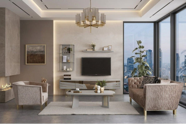Moderno Set da soggiorno grigio con lusso mobile TV, armadi a parete e mensole.