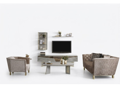 Moderno Set da soggiorno grigio con lusso mobile TV, armadi a parete e mensole.
