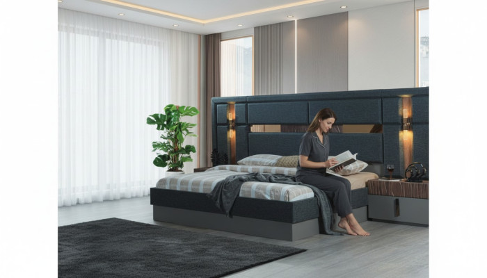 Letto matrimoniale grigio scuro con comodini in legno di design, set da camera da letto.
