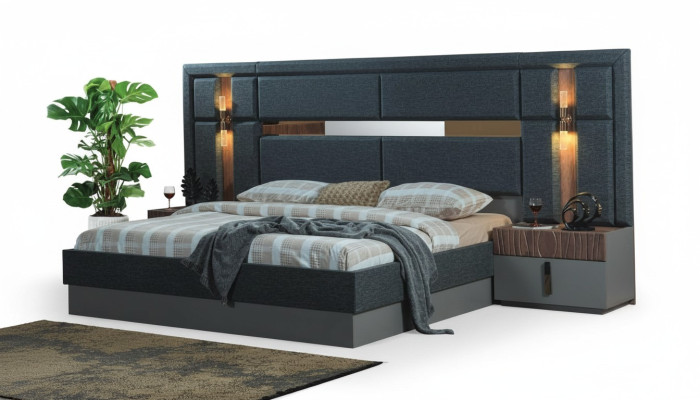 Letto matrimoniale grigio scuro con comodini in legno di design, set da camera da letto.