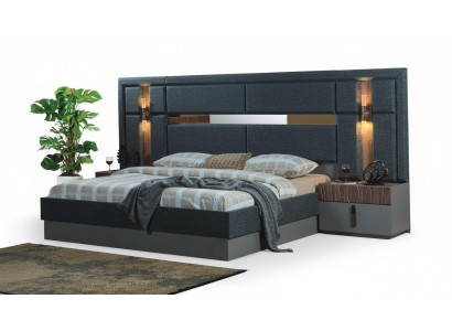 Letto matrimoniale grigio scuro con comodini in legno di design, set da camera da letto.