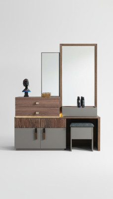 Mobili da camera da letto grigi-marroni, lussuosa cassettiera con specchio, pouf imbottito.