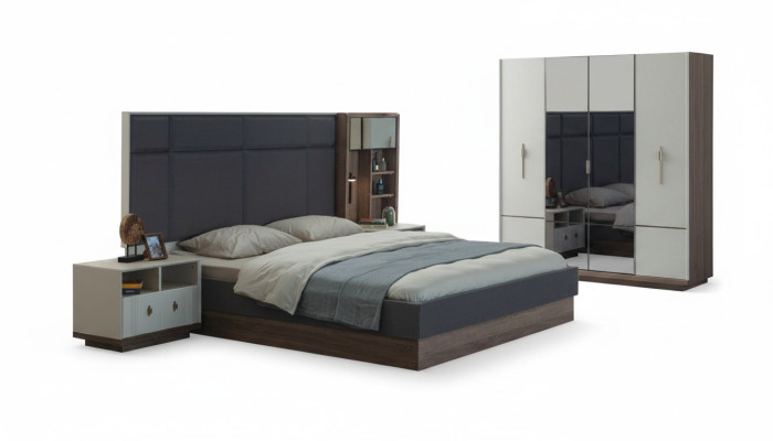 Camera da letto grigia Set di biancheria da letto designer Letto matrimoniale 2x comodini