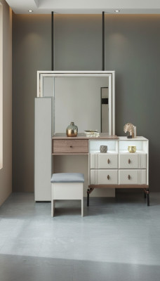 Tavolo da trucco bianco con specchio di vetro, sgabello di lusso, mobili moderni.