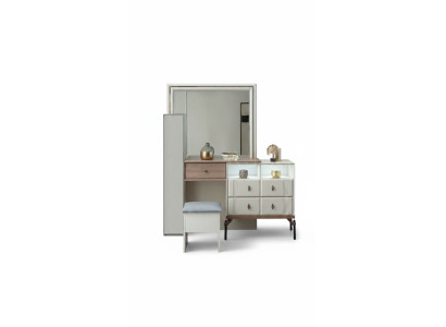 Tavolo da trucco bianco con specchio di vetro, sgabello di lusso, mobili moderni.