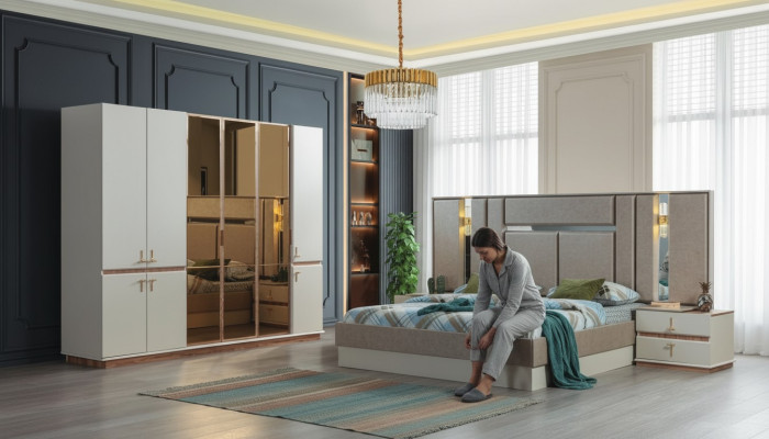 Letto design in legno Armadio guardaroba Lussuosi comodini Set per camera da letto
