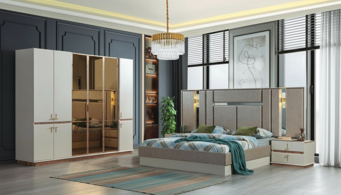 Letto design in legno Armadio guardaroba Lussuosi comodini Set per camera da letto