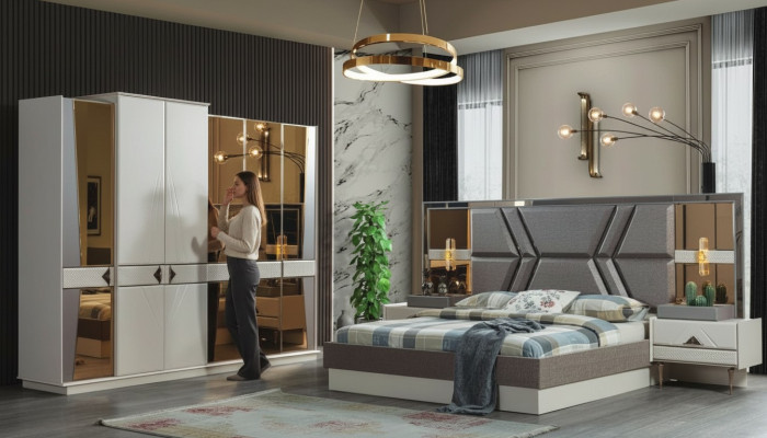 Set camera da letto grigia elegante con 2 comodini e armadio