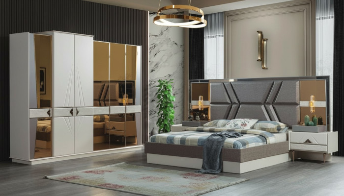 Set camera da letto grigia elegante con 2 comodini e armadio