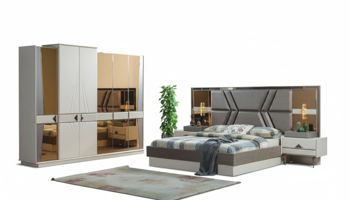 Set camera da letto grigia elegante con 2 comodini e armadio