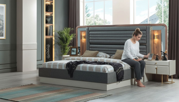 Letti grigi Camera da letto di design Letto matrimoniale 2x Comodini in legno 3 pezzi