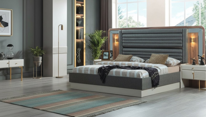 Letti grigi Camera da letto di design Letto matrimoniale 2x Comodini in legno 3 pezzi