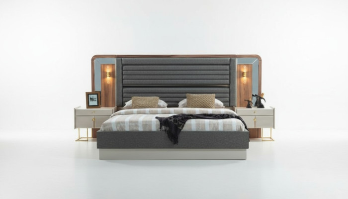 Letti grigi Camera da letto di design Letto matrimoniale 2x Comodini in legno 3 pezzi