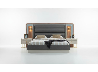 Letti grigi Camera da letto di design Letto matrimoniale 2x Comodini in legno 3 pezzi