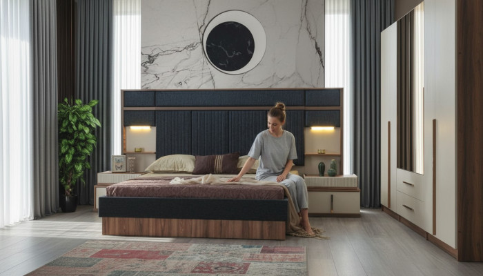 Set camera da letto moderna con letto matrimoniale in legno e comodini in tessuto