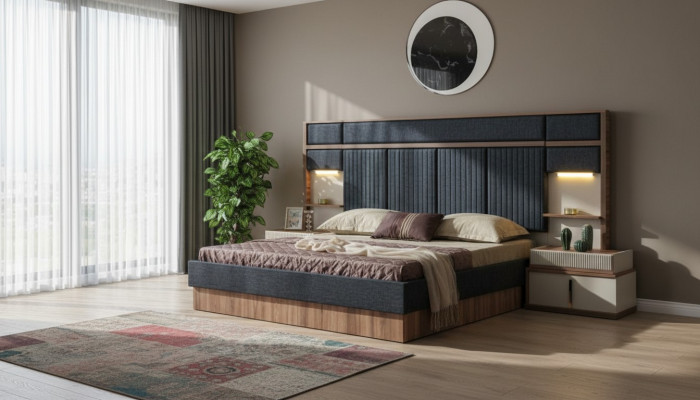 Set camera da letto moderna con letto matrimoniale in legno e comodini in tessuto