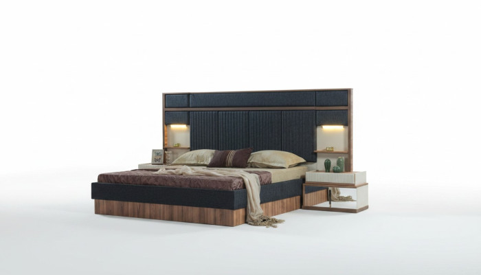 Set camera da letto moderna con letto matrimoniale in legno e comodini in tessuto