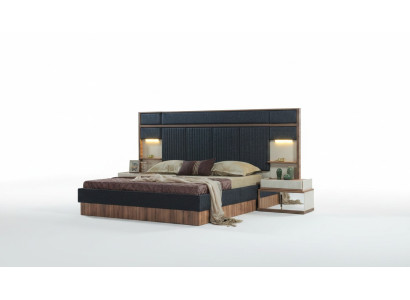 Set camera da letto moderna con letto matrimoniale in legno e comodini in tessuto