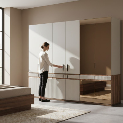 Armadio bianco con 10 ante in legno per la camera da letto.