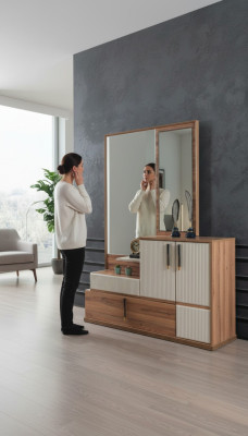 Mobile per camera da letto con specchio bianco-marrone in legno, set di mobili da design.